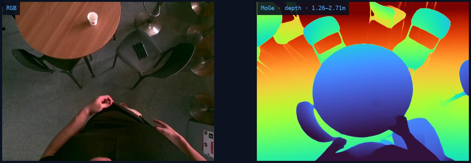 Split view of an RGB frame and its MoGe metric depth heatmap