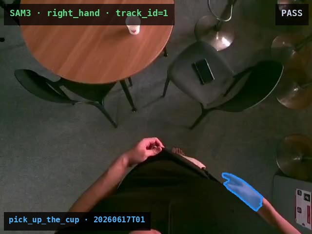 Per-frame hand mask with a stable track ID and QC pass